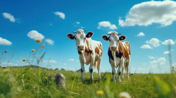 ai generado sano vacas en el verde campo. granja, rancho, leche, vaca, Fresco leche, lechería foto