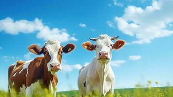 AI generated Healthy Cows on the Green Field. Farm, Ranch, Milk, Cow, Fresh Milk, Dairy photo