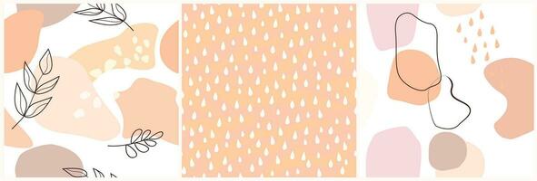 A set of seamless patterns with abstract shapes, drops, lines of peach shades. Vector graphics.