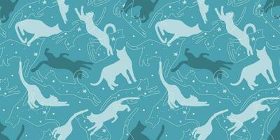 A seamless pattern with abstract silhouettes of cats against the starry night sky. Dream abstract print. Vector graphics.