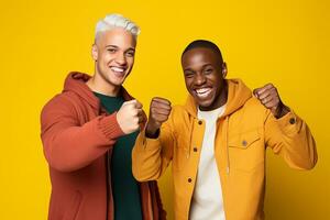 AI generated Portrait of a two happy young men triumphing glad expressions isolated over yellow background photo