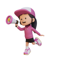 3D cute girl Character jumping and talking on Megaphone png