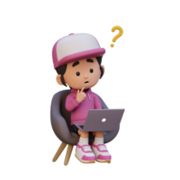 3D cute girl character confused on a laptop png