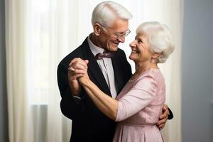 AI generated happy retired couple dancing on wedding photo