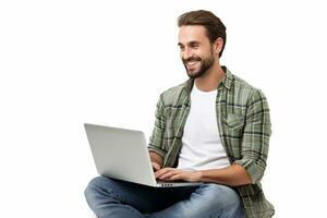 AI generated Studio shot of a smiling young guy sitting on the floor with laptop. photo