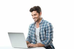 AI generated young happy man operating laptop on isolated white background photo
