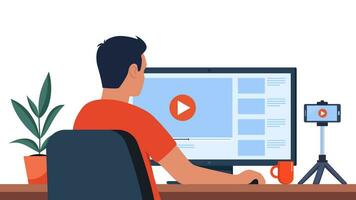 Man professional video maker sitting at desk and editing video with video editing software. Making visual content for social media. Multimedia and film production concept. Vector illustration.