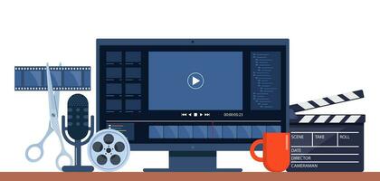 vídeo producción concepto. haciendo visual contenido para social medios de comunicación. escritura guión, disparo vídeo y edición con especial equipo. multimedia y película producción concepto. vector ilustración.