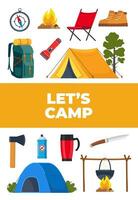 Summer camping and hiking equipment set. Big collection of icons for sports, adventures in nature, recreation and tourism concept design. Vector illustration.