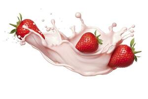 AI generated milk or yogurt splash with strawberries isolated on white background, 3d rendering. AI Generated photo