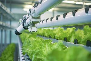 AI generated Automatic Agricultural Technology With Close-up View Of Robotic Arm Harvesting Lettuce In Vertical Hydroponic Plant. AI Generated photo