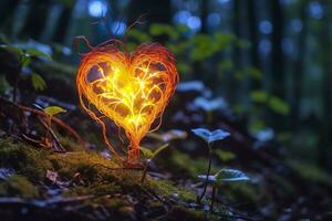 ai generado brillante bioluminiscente planta conformado me gusta un humano corazón, en un misterioso bosque. generativo ai foto