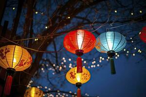 AI generated Colorful festival lanterns during the Chinese traditional holiday season. AI Generated photo