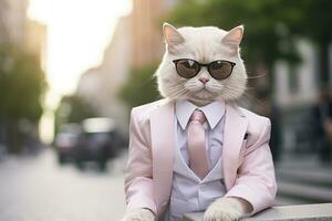 ai generado un gato es vistiendo Gafas de sol, traje y en pie en calle. ai generado foto