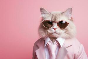 AI generated A cat is wearing sunglasses and suit on Pink Background. AI Generated photo