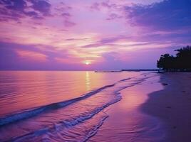 AI generated Summer beach with blue water and purple sky at the sunset.  AI Generated. photo