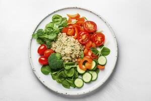 AI generated Salad with quinoa, spinach, broccoli, tomatoes, cucumbers and carrots. AI Generated photo