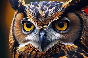 AI generated Owl headshot with closeup of face. Generative AI photo