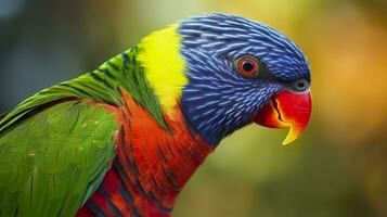 AI generated Side view Closeup of beautiful and colorful Lorikeet Green naped bird. Generative AI photo