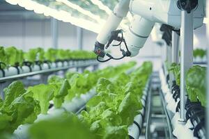 AI generated Automatic Agricultural Technology With Close-up View Of Robotic Arm Harvesting Lettuce In Vertical Hydroponic Plant. AI Generated photo