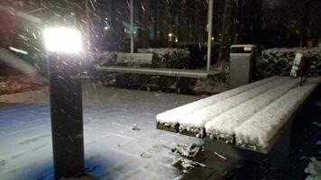 neve coberto Banco dentro frio inverno noite mostra pesado queda de neve durante nevasca ou tempestade de neve dentro cidade com iluminado luz e uma muitos do flocos de neve com gelado temperatura dentro cidade tarde dentro dezembro video