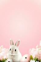 AI generated pink background with a cute and whimsical Easter bunny in the center, surrounded by spring flowers photo