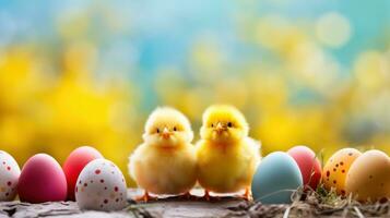 ai generado un juguetón antecedentes con brillante amarillo Pascua de Resurrección polluelos y vistoso huevos, foto