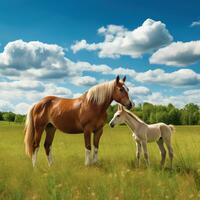 AI generated A mare, stallion, and their foal grazing contentedly in a field under a sunny sky. photo