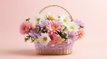 AI generated Easter basket filled with eggs andfluttering butterflies, set against a light pink background photo