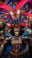 AI generated group of carnival-goers dressed in elaborate costumes, set against a lively carnival backdrop photo