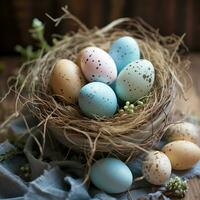 AI generated A rustic, natural background with a bird's nest filled with speckled Easter eggs photo