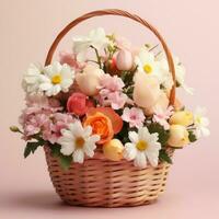 AI generated Easter basket filled with eggs andfluttering butterflies, set against a light pink background photo