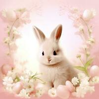 AI generated pink background with a cute and whimsical Easter bunny in the center, surrounded by spring flowers photo