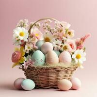 AI generated Easter basket filled with eggs andfluttering butterflies, set against a light pink background photo