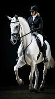 AI generated A beautiful shot of a horse and rider in full dressage regalia, executing a perfect jump photo