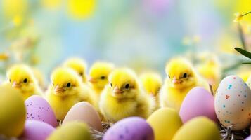 AI generated A playful background with bright yellow Easter chicks and colorful eggs, photo