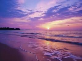 AI generated Summer beach with blue water and purple sky at the sunset.  AI Generated. photo