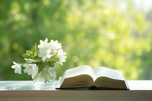 ai generado jazmín flores en un florero y abierto libro en el mesa, verde natural antecedentes. ai generado foto