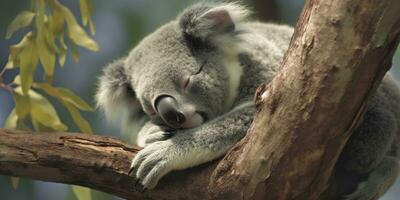 AI generated Koala asleep in tree. AI Generated photo