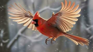 AI generated Northern Cardinal coming in for a landing. Generative AI photo