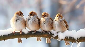 AI generated Flock of tree sparrows on the branch in a garden during winter photo