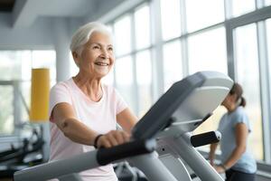 AI generated Caucasian elderly woman on a treadmill in gym photo