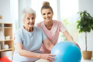 AI generated Senior Caucasian woman exercising with her physiotherapist and swiss ball photo