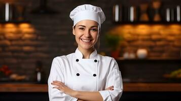 AI generated A caucasian boy dressed as a chef and preparing food in kitchen. photo