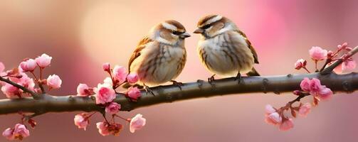 ai generado dos pequeño aves en el rama en un jardín foto