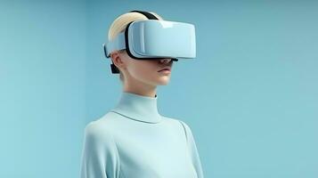 AI generated Young woman wearing a mixed reality headset and experiencing simulation, metaverse and cyberspace. photo