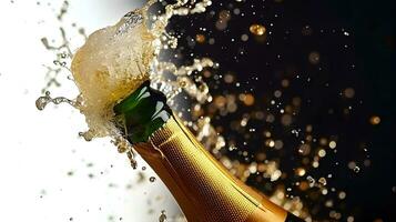 AI generated Celebration theme with splashing champagne. Christmas, New Year or Valentines day background. photo