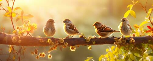 AI generated Flock of tree sparrows on the branch in a garden photo