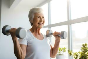 AI generated Senior Caucasian woman doing exercise with dumbbell at home photo