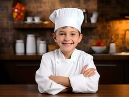 ai generado un caucásico chico vestido como un cocinero y preparando comida en cocina. foto